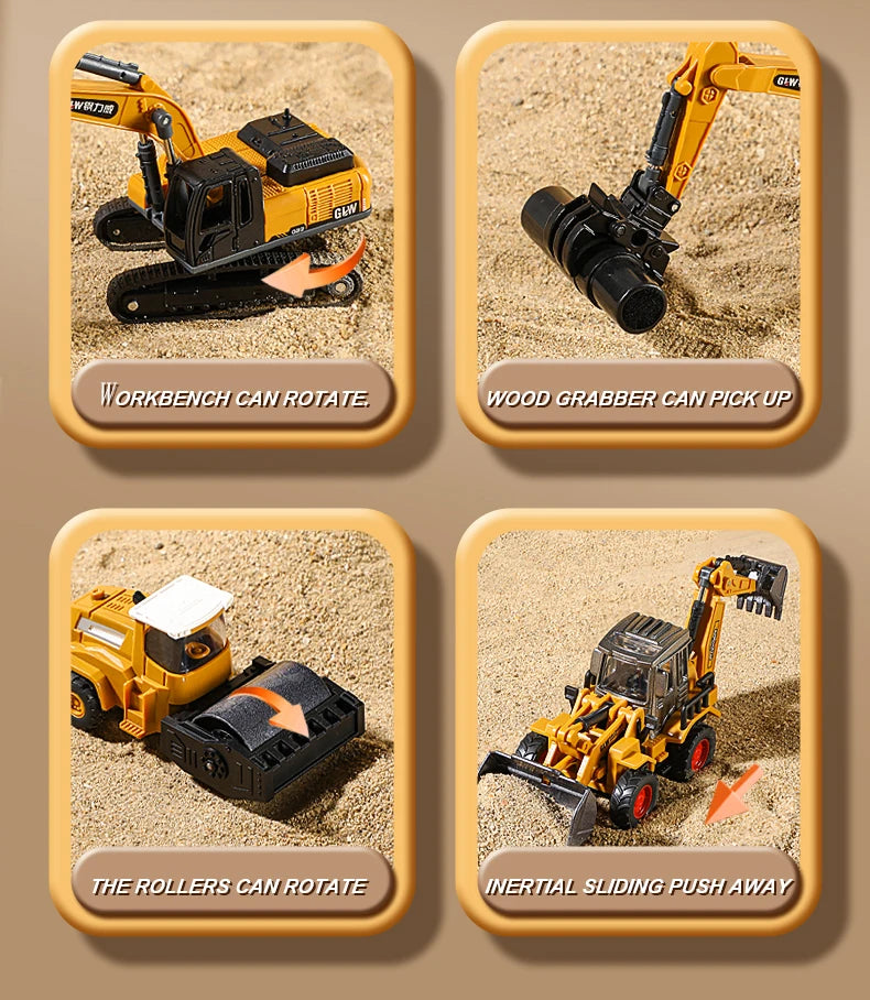 1:70 9 Styles Mini Yellow Alloy Forklift Driller Road Roller Engineering Diecast Construction Vehicle Inertia Toys for Boys Gift