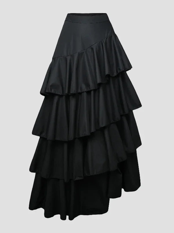 Women's Midi Skirts Summer Autumn Falbala Swing Party A-Line Classic Vintage Skirt for Lady High Waisted Long Skirts Black White