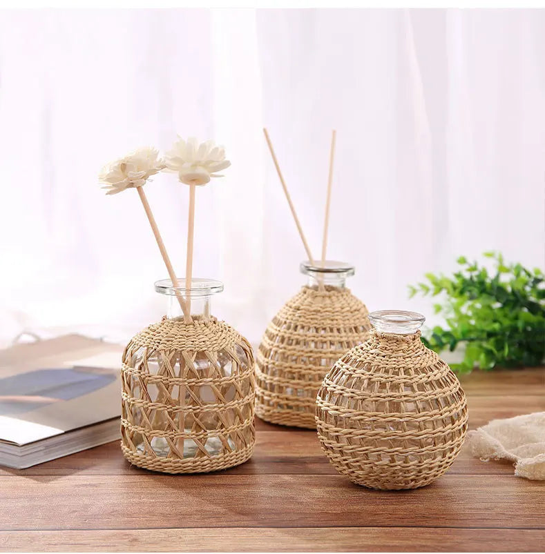 Japanese Style Hand-woven Glass Aroma Vase Small Diameter Dried Flowers Dining Table Decoration Plant Pots Decorative