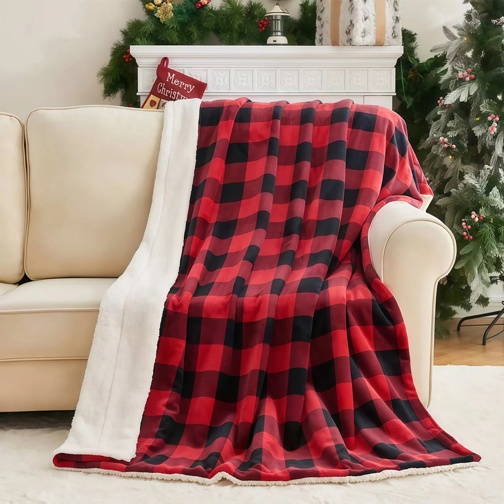 1pc Cozy Sherpa Luxury Shearling-Style Buffalo Plaid Throw Blanket - Ultra-Soft Reversible Faux Fur Fleece, Black & Red Tartan