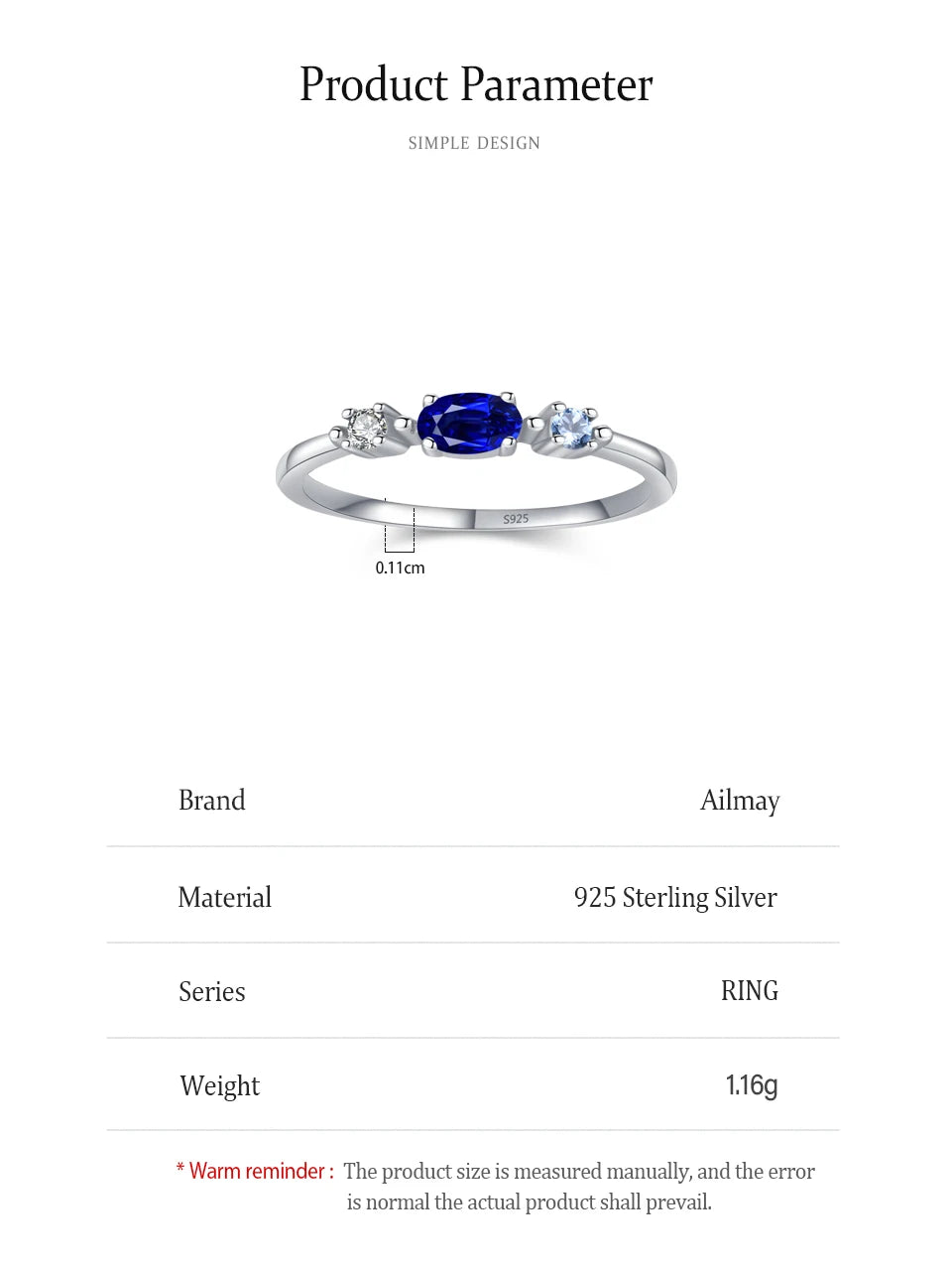 Ailmay 925 Sterling Silver Simple Stackable Blue Zircon Ring For Women's Daily Wear, Parties, And Gift Giving