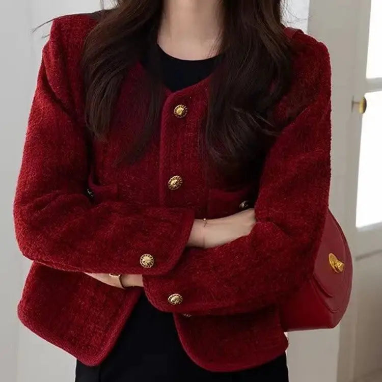 Spring Autumn New Red Tweed Small Fragrance Coat Short Blazers Korean Fashion Elegant Female Tops Outerwear