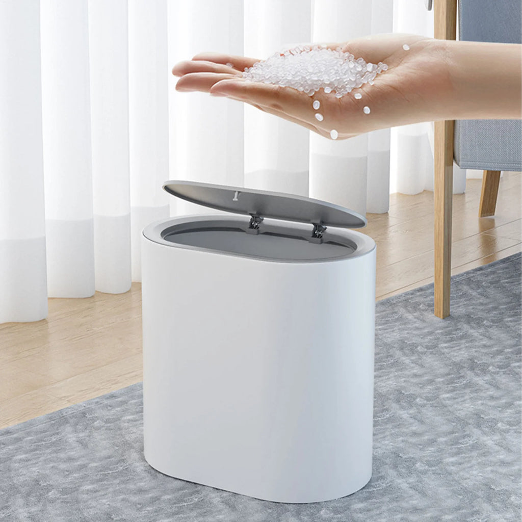 Press Top Trash Can with Lid, Slim Waste Basket for Bathroom Kitchen, Compact Office Living Room Garbage Bin