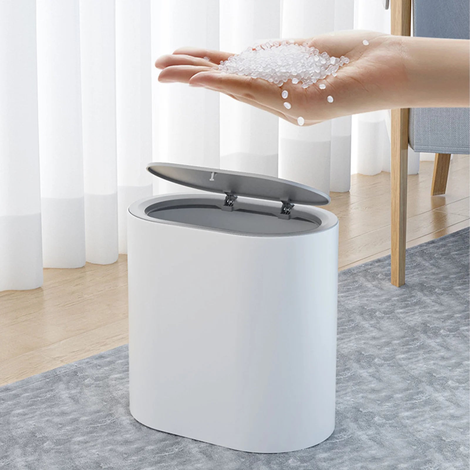 Press Top Trash Can with Lid, Slim Waste Basket for Bathroom Kitchen, Compact Office Living Room Garbage Bin