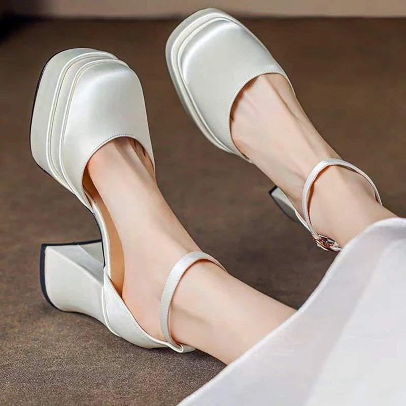 Women'S High Chunky Platform Closed Toe Block Heels Square Toe Ankle Strap Dress Wedding Party Prom Pumps Shoes