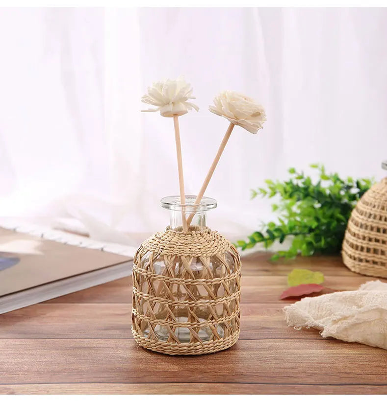 Japanese Style Hand-woven Glass Aroma Vase Small Diameter Dried Flowers Dining Table Decoration Plant Pots Decorative