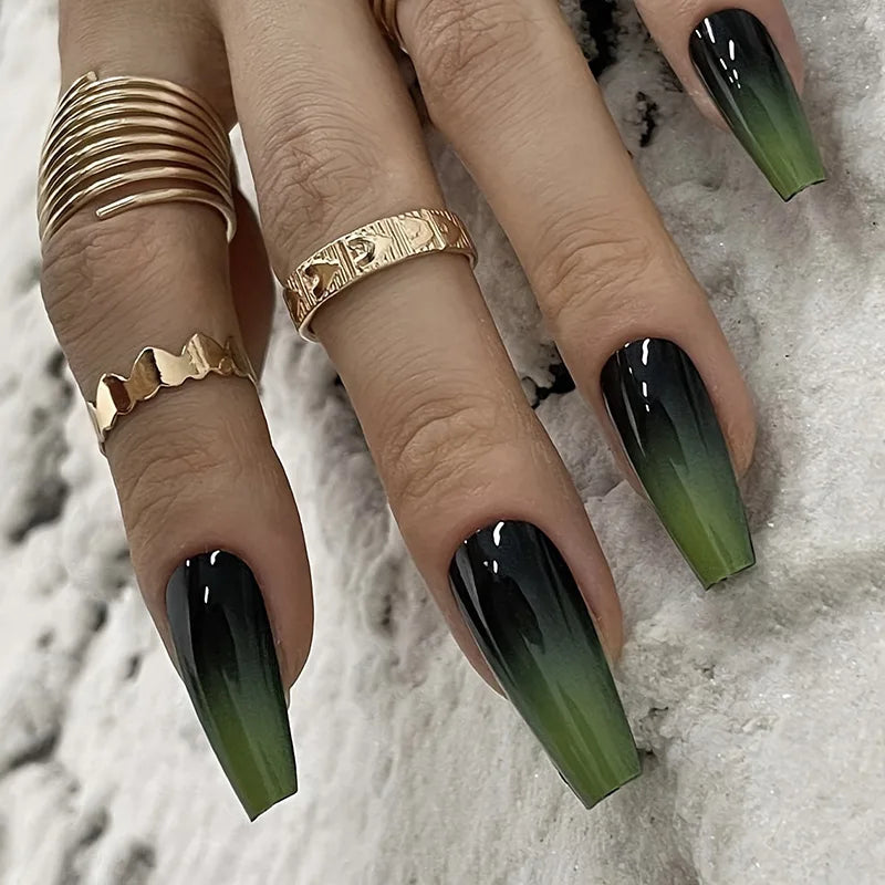 Black Green Long Coffin False Nails Gradient Color Press on Nails Full Cover Ballet Fake Nails Tips for Women Girls DIY Manicure