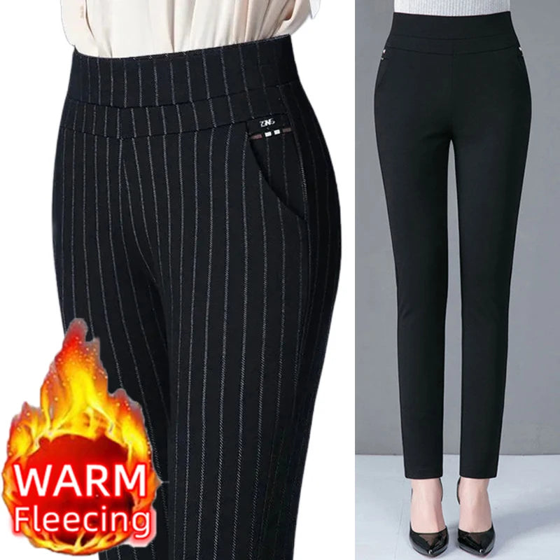 Casual Elegant Office Slimming Solid Color Fleecing Thick Thin Women's Pants Elastic Waist Tight Pencil Pants