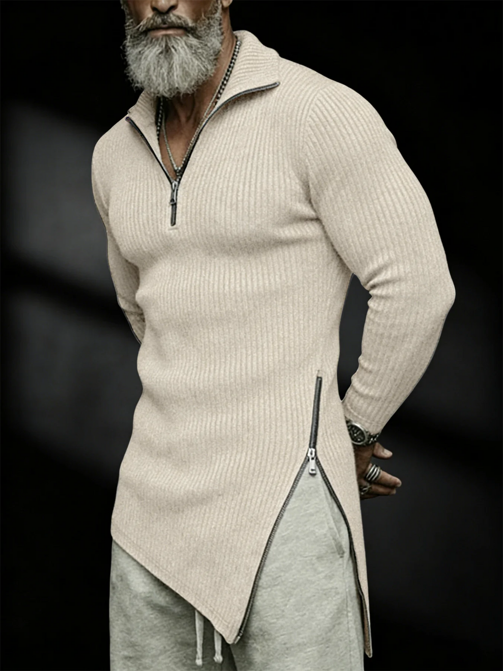 Autumn, men's quarter-zip T-shirt, slim-fit sweater, stand-collar sweater, casual long-sleeve T-shirt, warm base layer top