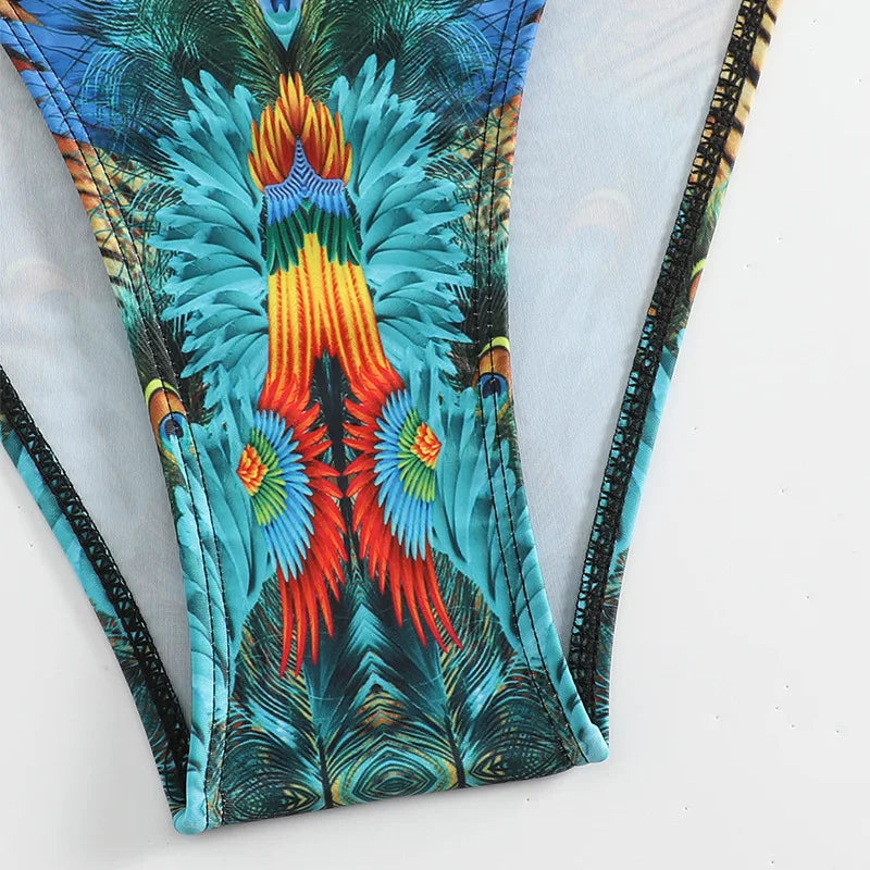 Green Peacock Print Bikini Set 2026 – Rhinestone Low Waist Thong Swimsuit