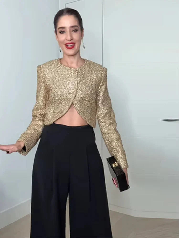 Tweed Style Metallic Thread Jacket Gold Cropped Length Chic Elegant Long Sleeve 2025 Autumn Women Outerwear Fashion Party Jacket