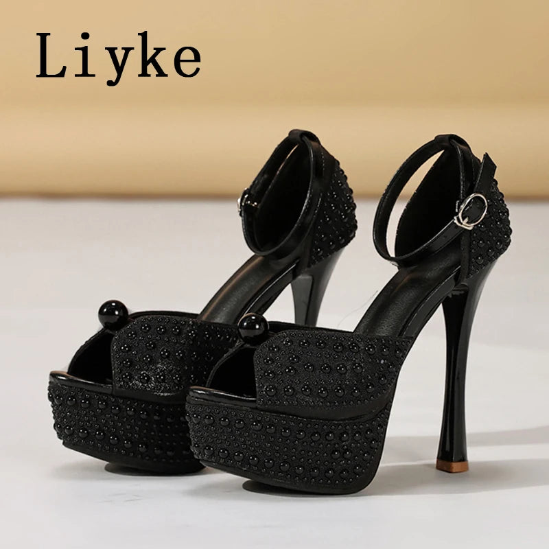 Liyke Sexy Black White High Heels Platform Sandals Women Summer Fashion Design Pearl Peep Toe Wedding Prom Shoe Zapatos De Mujer