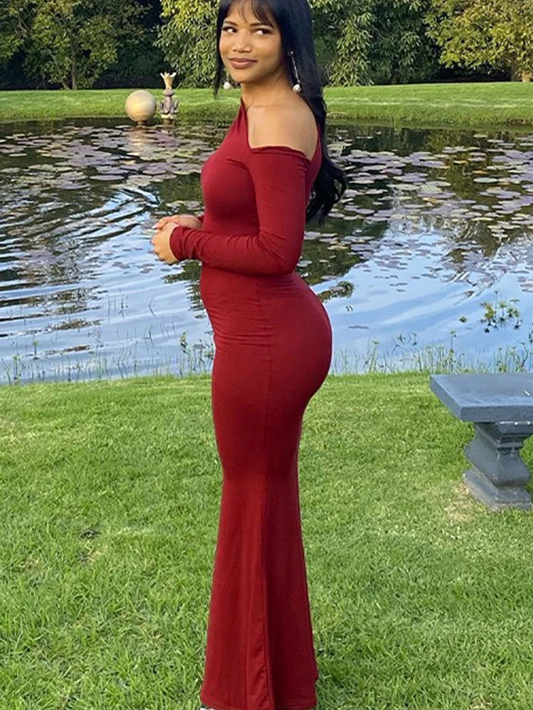Women's Dresses Autumn New Sexy One-Shoulder Red Dress Streetwear Fashion Casual Slim Elegant Female Club Knitted Dress Clothing