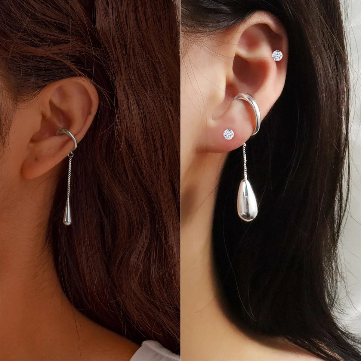 C-shaped Stainless Steel Teardrop Tassel Ear Cuff Clip Earrings for Women 1piece, No Piercings, Ear Cartilage Clips