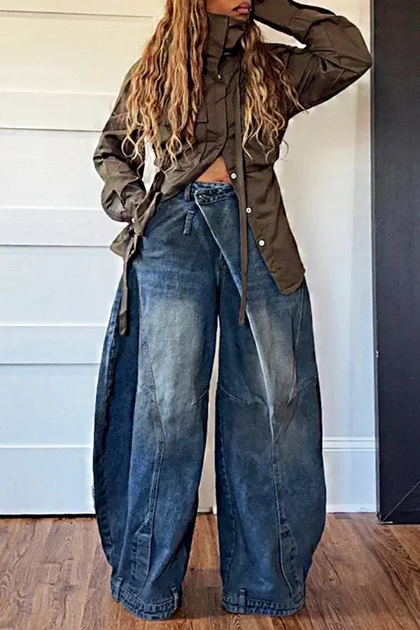Wide Leg Pants Women Vintage Denim Jeans Punk Style Loose Trousers Stretch Mid Waist Washed Distressed 2026 Mom Streetwear