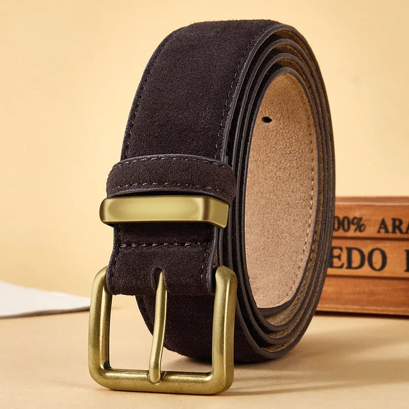 Women's Luxury Suede Cowhide Leather Belt – Gold Buckle Wide Waistband