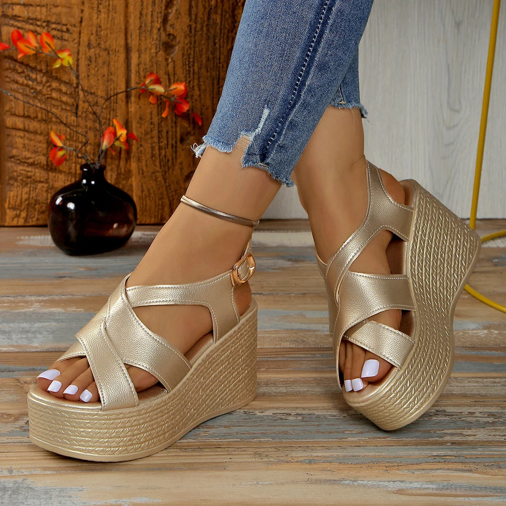 Women Sandals Summer New Golden Wedges Ankle Buckle High Heels Shoes Peep Toe Open To Elegant Sexy Sandals for Women