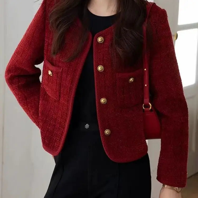 Spring Autumn New Red Tweed Small Fragrance Coat Short Blazers Korean Fashion Elegant Female Tops Outerwear