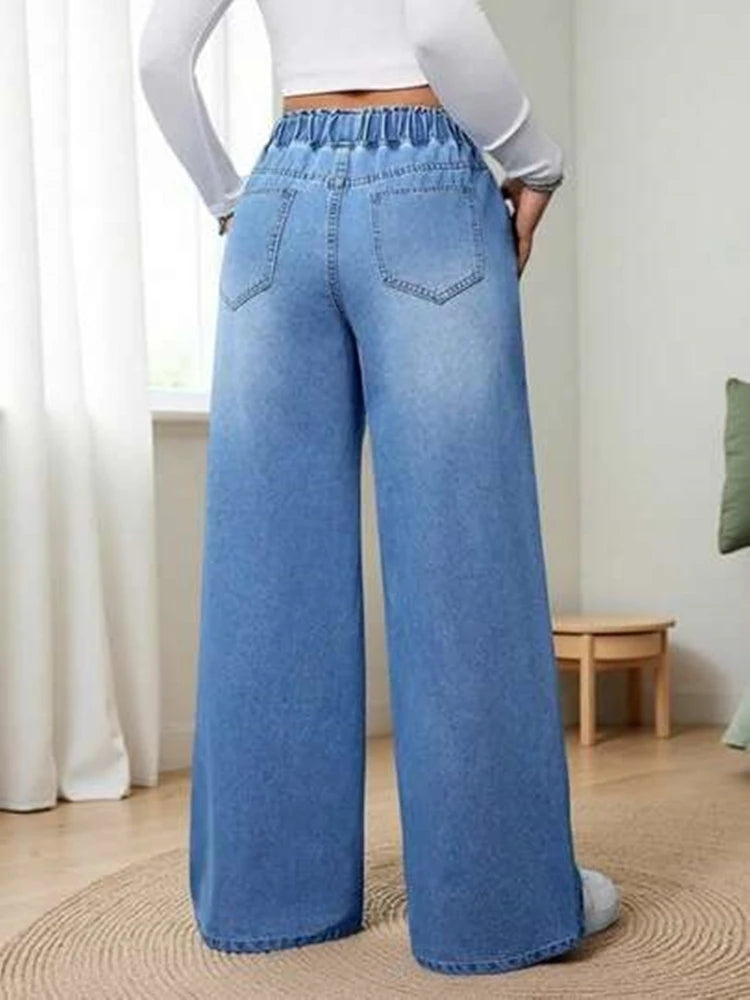 Elastic Waist Wide Leg Floor-Length Pants European American Trend Loose Casual High Waist Women Denim Jeans