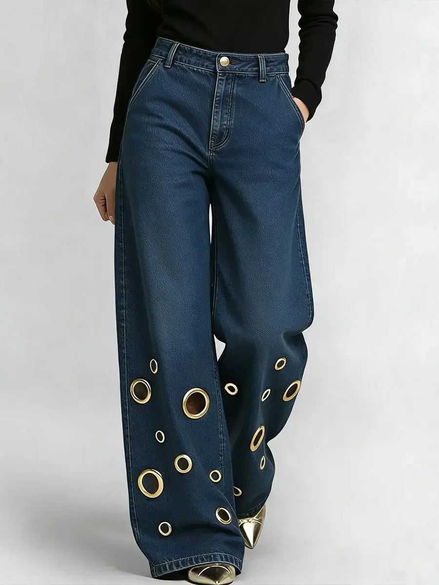 Women's High Waist Wide Leg Jeans with Gold Eyelets