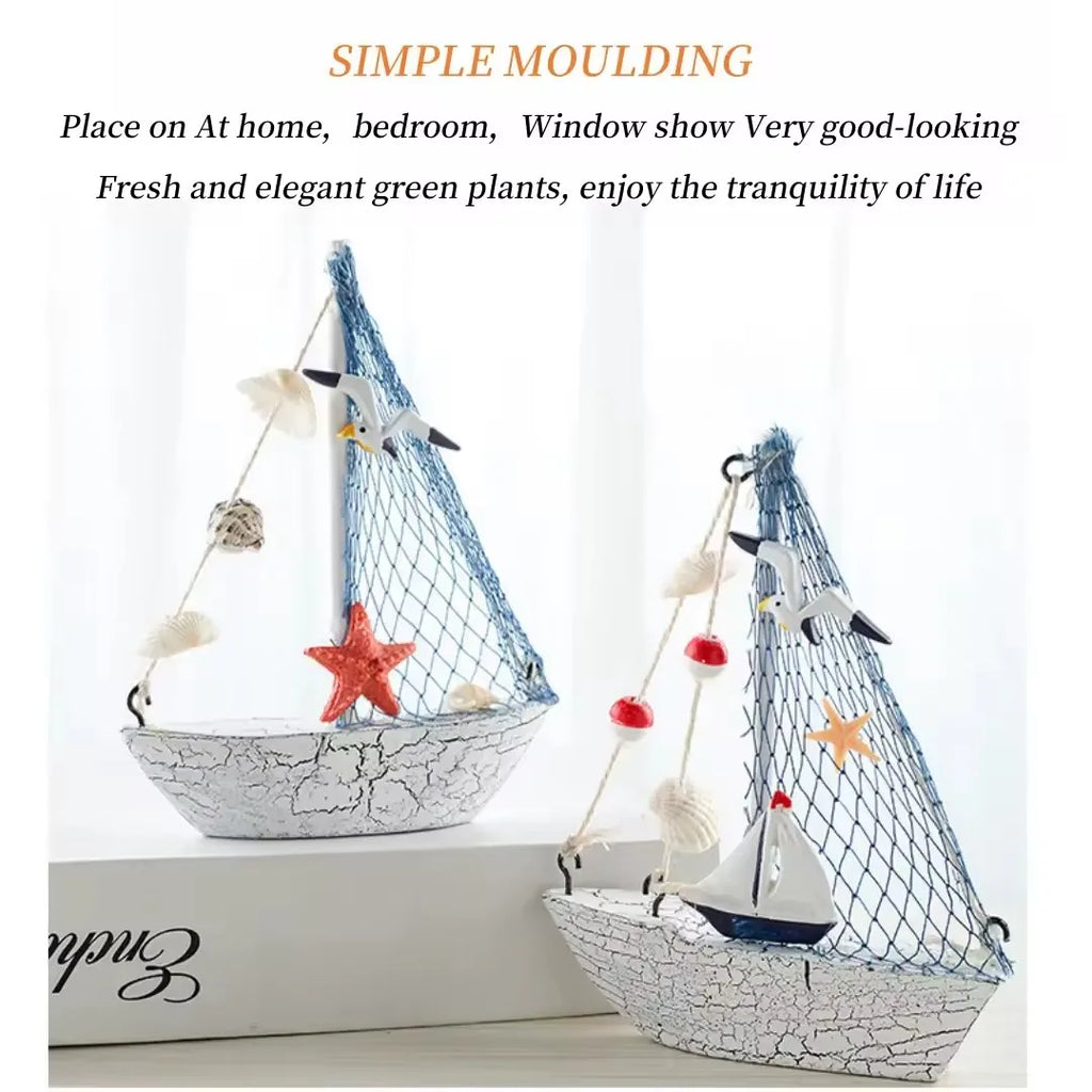 Mini Nautical Style Wooden Sailing Boat Ship-Nautical Blue Craft Ornament for Home Party Room Decoration Marine Themed Accents