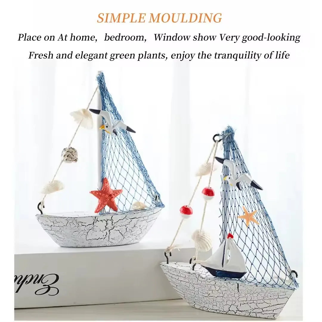 Mini Nautical Style Wooden Sailing Boat Ship-Nautical Blue Craft Ornament for Home Party Room Decoration Marine Themed Accents