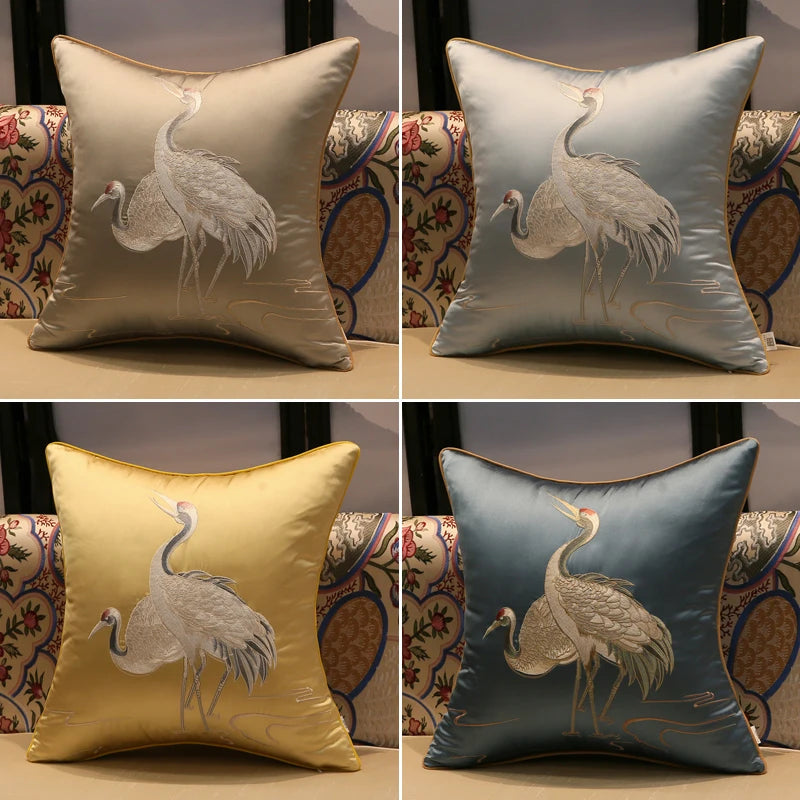 Chinese Style Crane Hugging Pillowcase Living Room Sofa Decoration Embroidered Cushion Cover Home Decor Luxury Pillow Covers