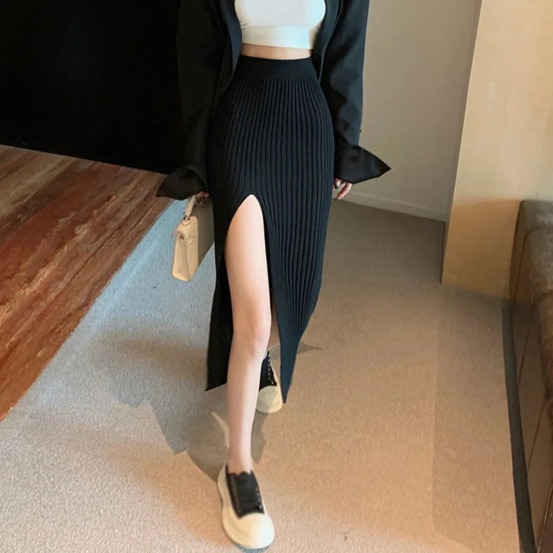 Women Sexy Split Bodycon Long Skirt  Elegant Slim Fit High-Waisted Skirts Female Pure Desire Hot Girl Knitted Elastic Dress