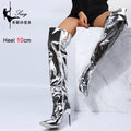 Heels Long Boots Women Autumn Winter Over-the-Knee exy Silver Mirror Thigh High Boots T Show Pointy Toe Casual  Club Party Shoes
