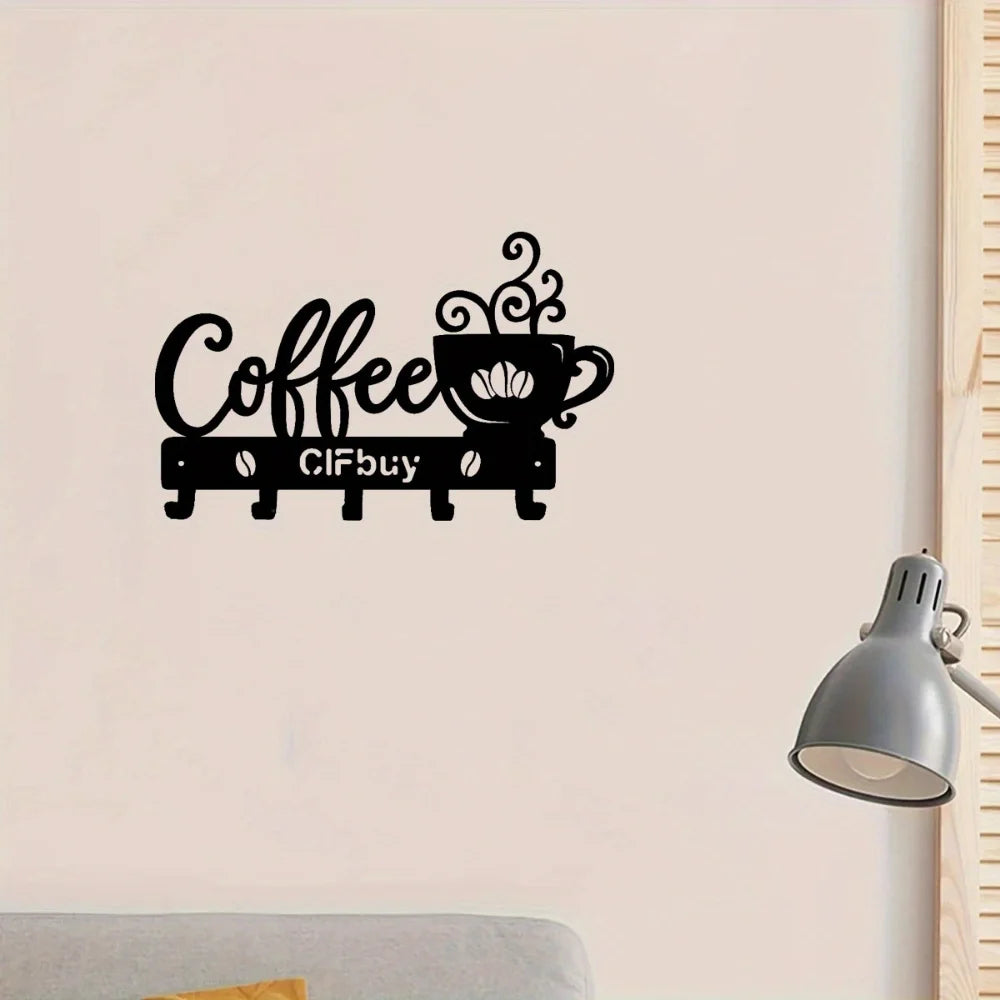 Coffee Bar Decor Rustic Metal Wall Art with Coffee Mug Sign and Hooks