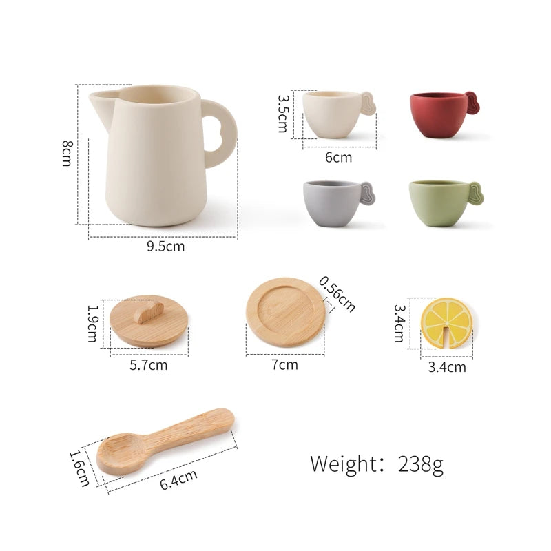 Wooden Montessori Toys Toddler Pretend Play Tea Party Set Silicone Teapot Cups Wood Tray Scoop Toys for Kids Birthday Gift