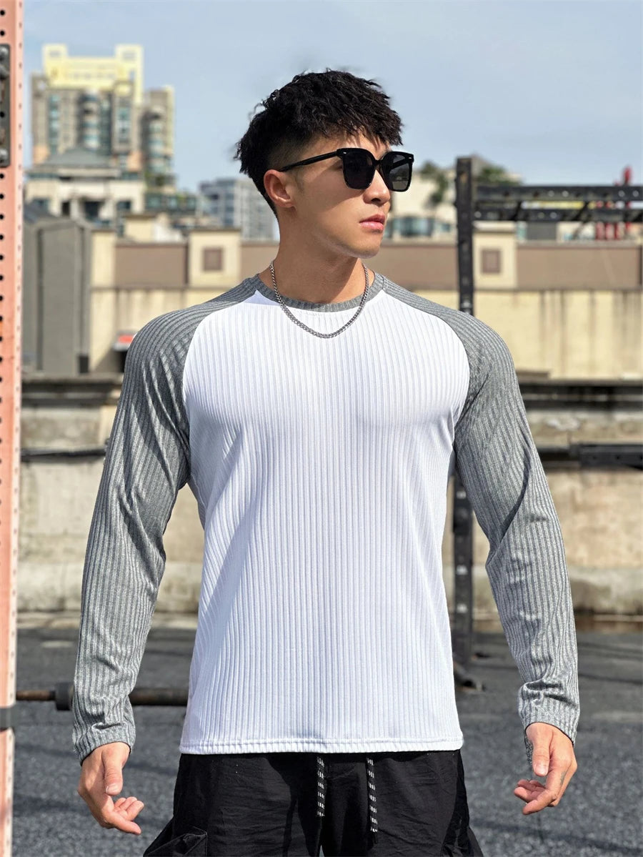 Gym Fitness T-shirt Men Long Sleeve Splice color Shirt Male Bodybuilding Tees Tops Running Sports Quick Dry Training Clothing