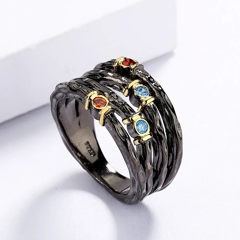 925 Stamp Inlaid with Colorful Zircon Women's Ring Multi-layer Irregular Black Gold Jewelry Women's Party Birthday Gift