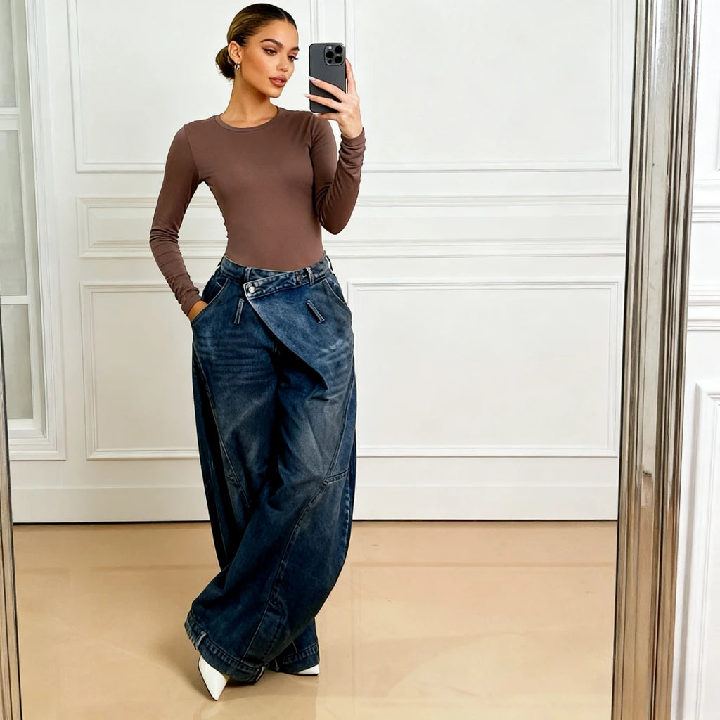 Wide Leg Pants Women Vintage Denim Jeans Punk Style Loose Trousers Stretch Mid Waist Washed Distressed 2026 Mom Streetwear