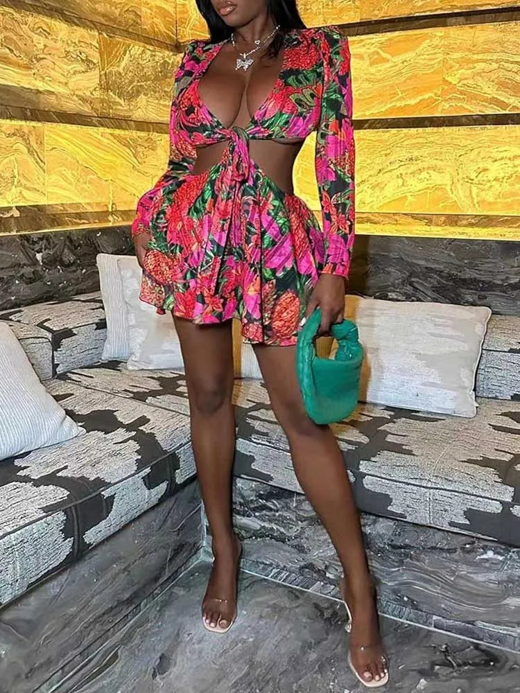Women Sexy Outfits Skirt Sets with Top Lace-up Flare Sleeves Nightclub Wear with Flower Print Two Piece Sets Skirt and Crop Top