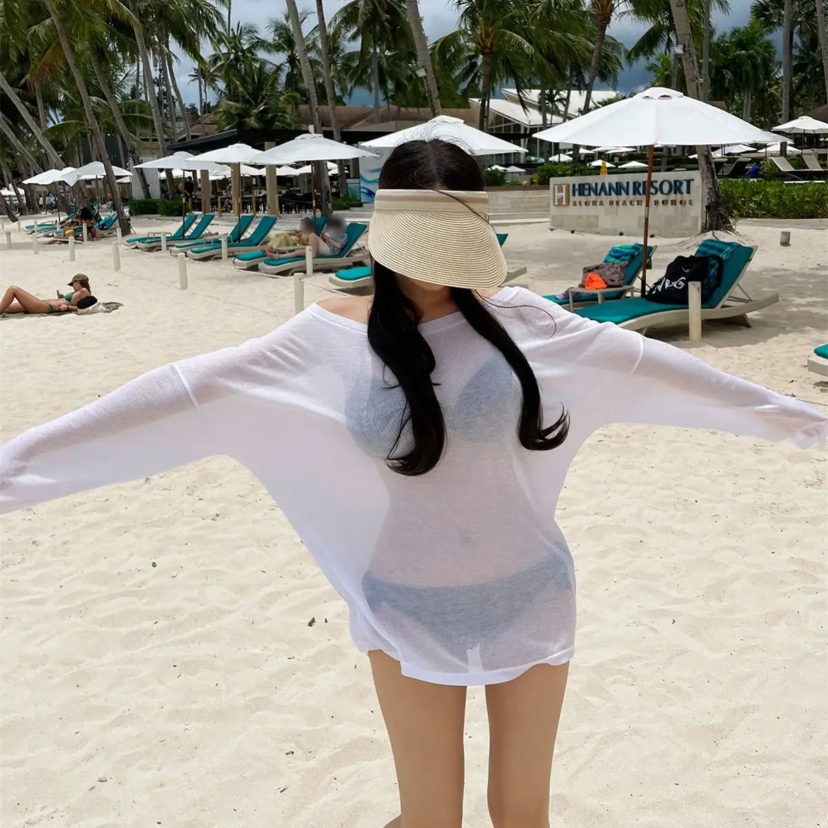Bikini Swimsuit Cover up Women's Loose Thin Outerwear Casual Sle Long Sve One oulder T Top for Beach Vaion