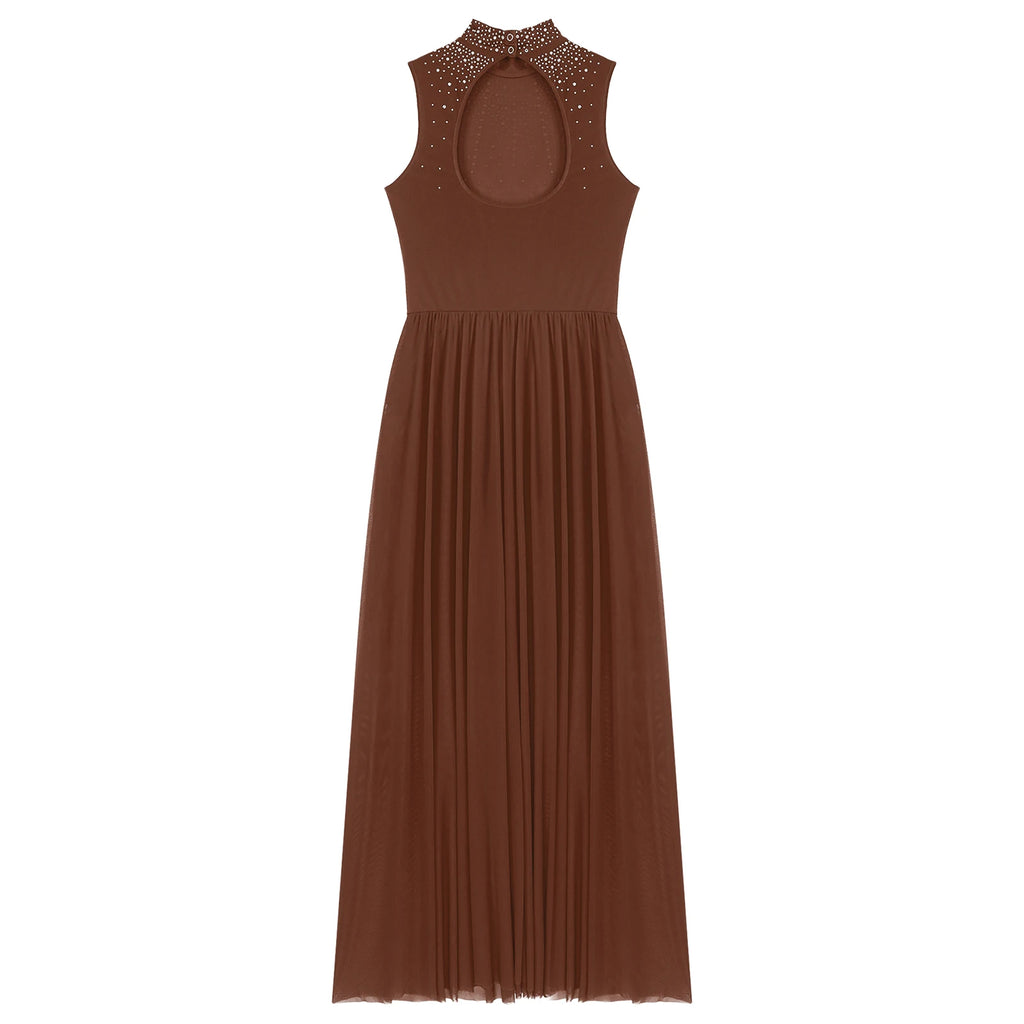 Womens Lyrical Dance Dresses Mock Neck Wide Hemline Shiny Rhinestones Maxi Dress Sleeveless Modern Contemporary Leotard Dresses