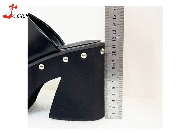 Women's Platform Sandals Black Gothic Closed Toe Chunky High Heels Slippers Rivet Slip On Y2k Punk Shoes Women Summer Size 41 42
