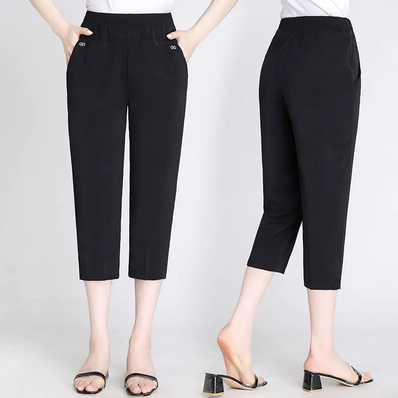 Office Lady Vintage Loose Straight Pants Spring Summer Thin Women Streetwear Fashion Casual Elastic High Waist Cropped Trousers