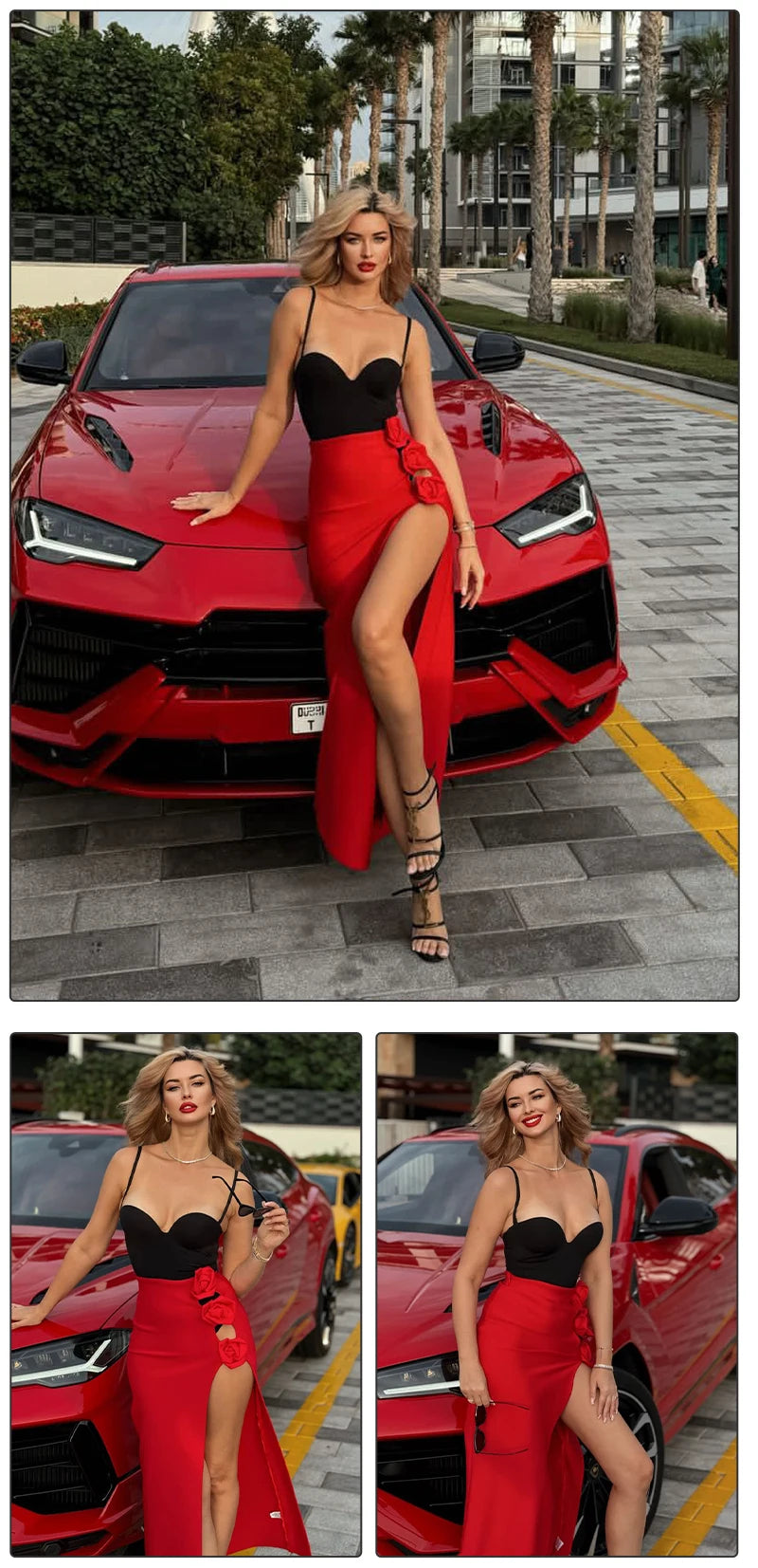 VC Skirts For Women Christmas Party Wear Pretty 3D Flowers Decoration Red Bandage High Split Sexy Long Skirt