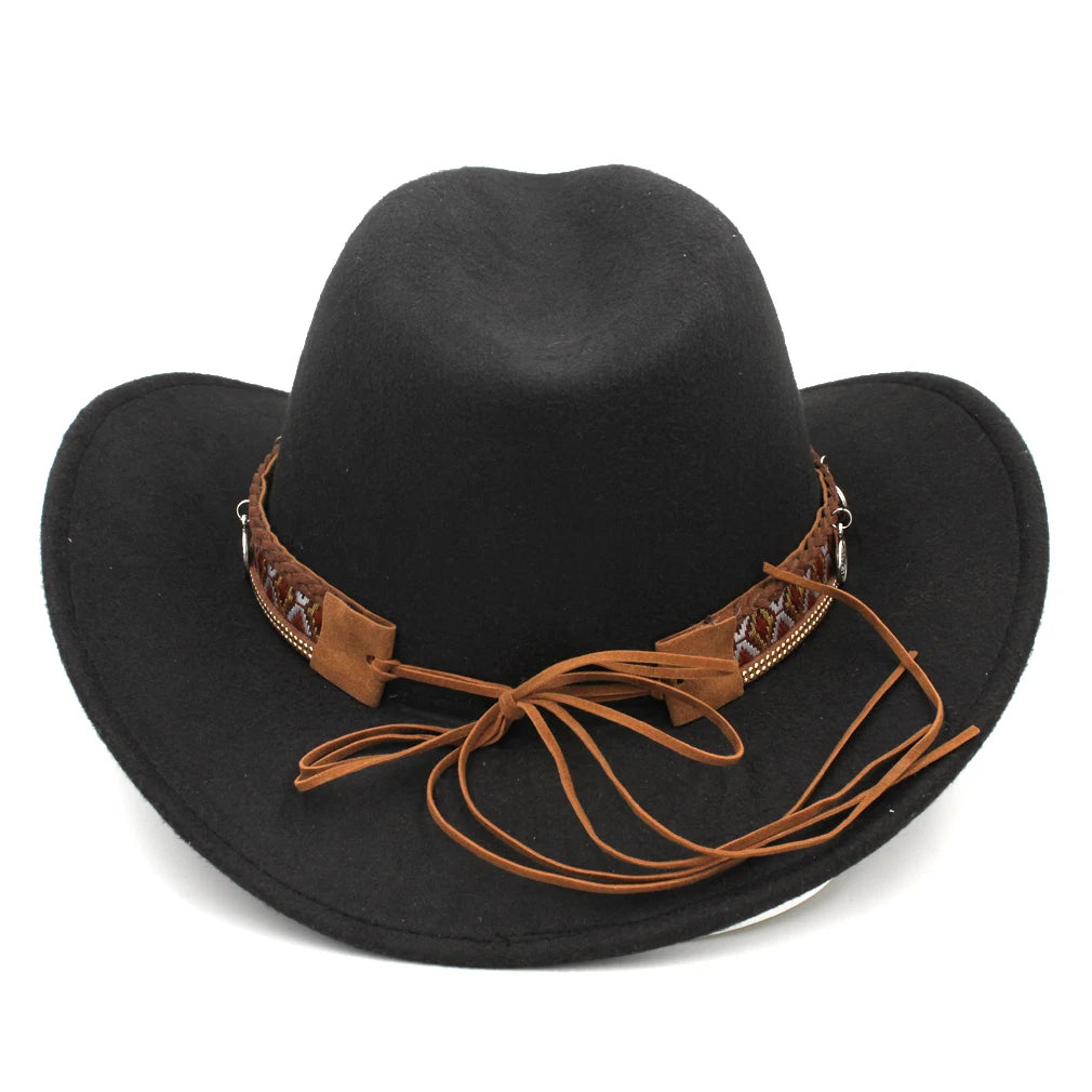 Classic Western Cowboy Hat Cowgirl Cap Fedora Hats Wide Brim Chapeau шляпа Sombrero with Punk Coins Hatband Party for Women Men