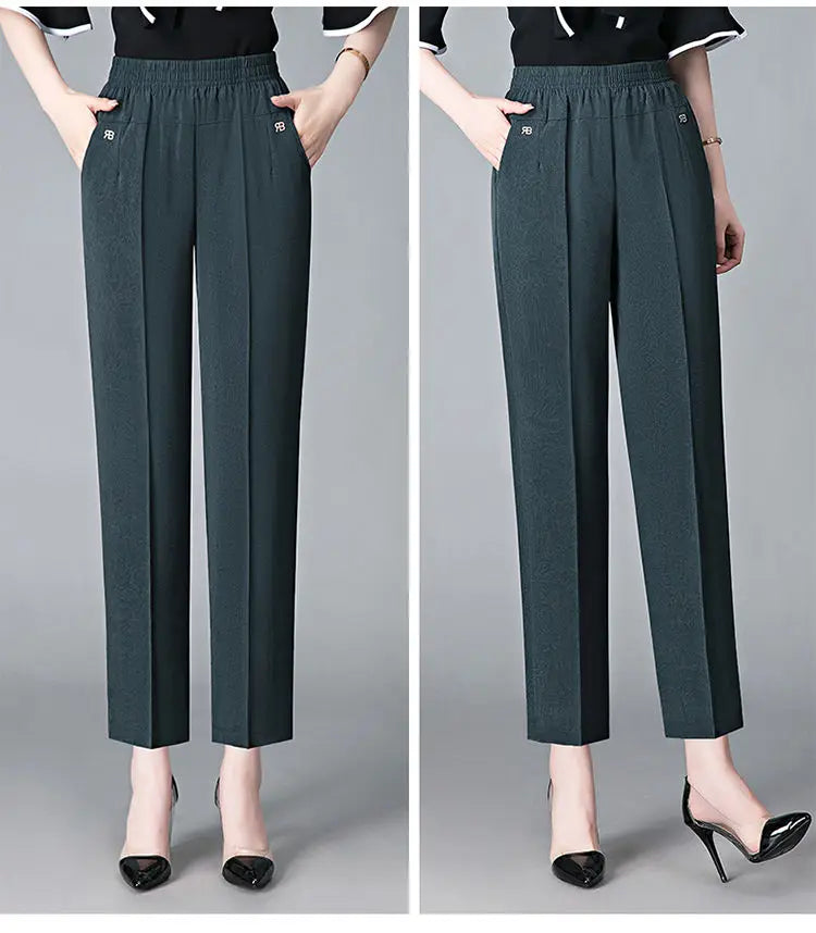 Office Lady Vintage Loose Straight Pants Spring Summer Thin Women Streetwear Fashion Casual Elastic High Waist Cropped Trousers