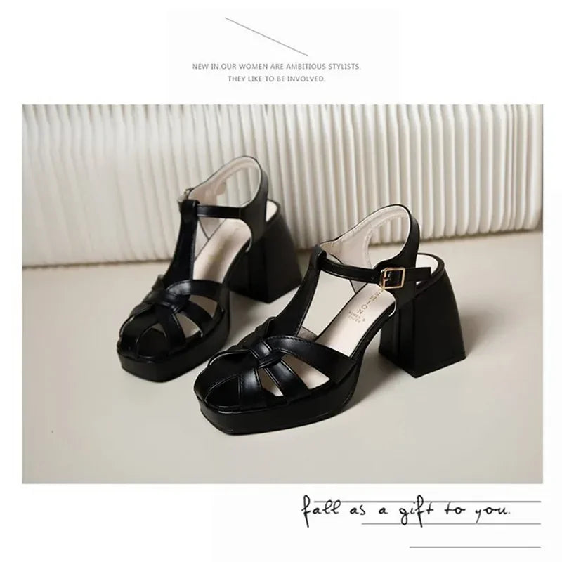 New Chunky High Heeled Sandals Women Retro Weaving Hollow Roman High Heels PU Leather Summer Square Toe Wedge Platform Sandals