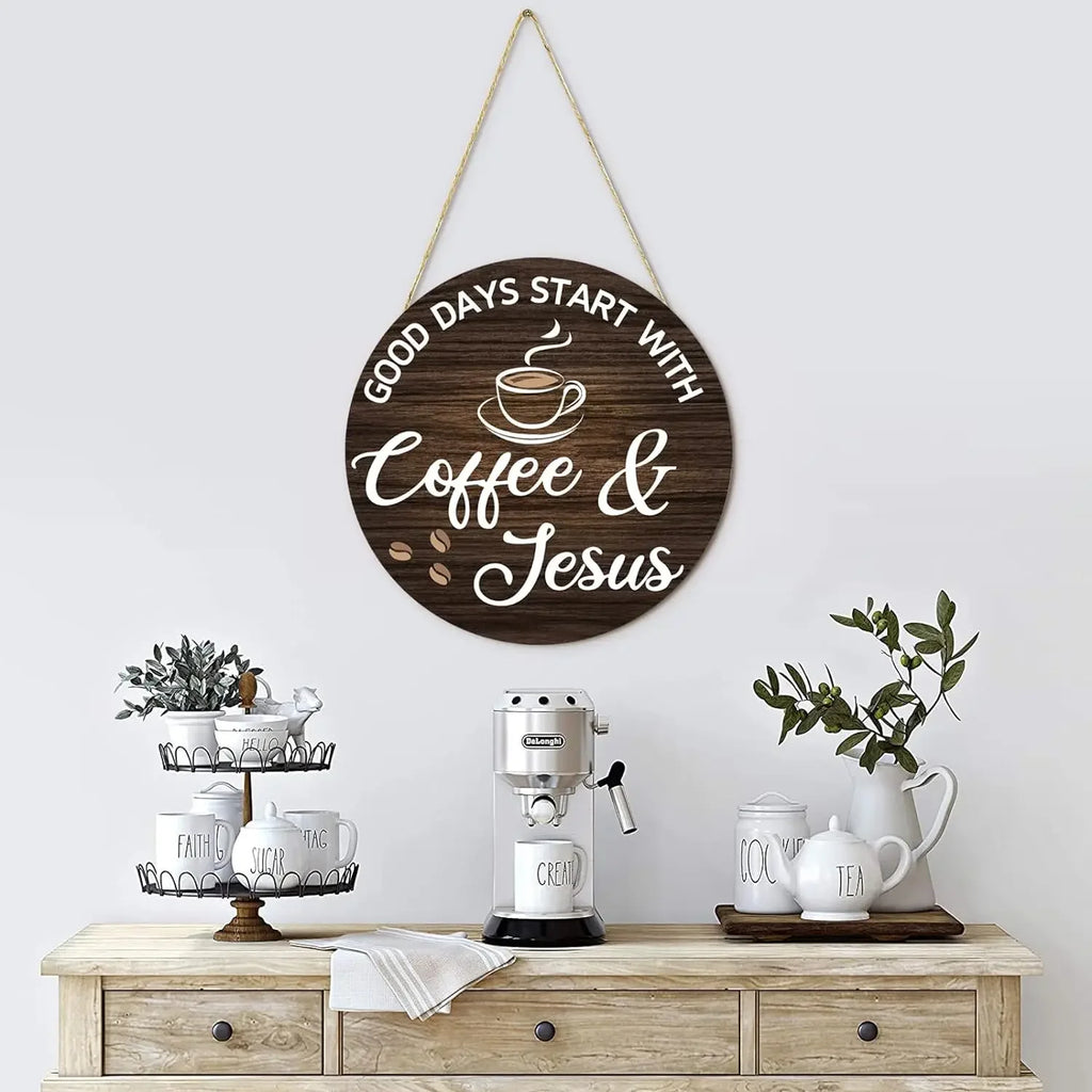 Rustic Wooden Coffee Themed Wall Plaque, Farmhouse Style Decor for Kitchen Home Office Cafe Coffee Bar Station, Ideal Housewarmi