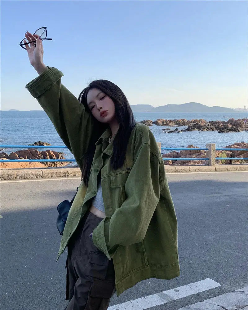 Women Jacket Vintage Workwear Denim Coat