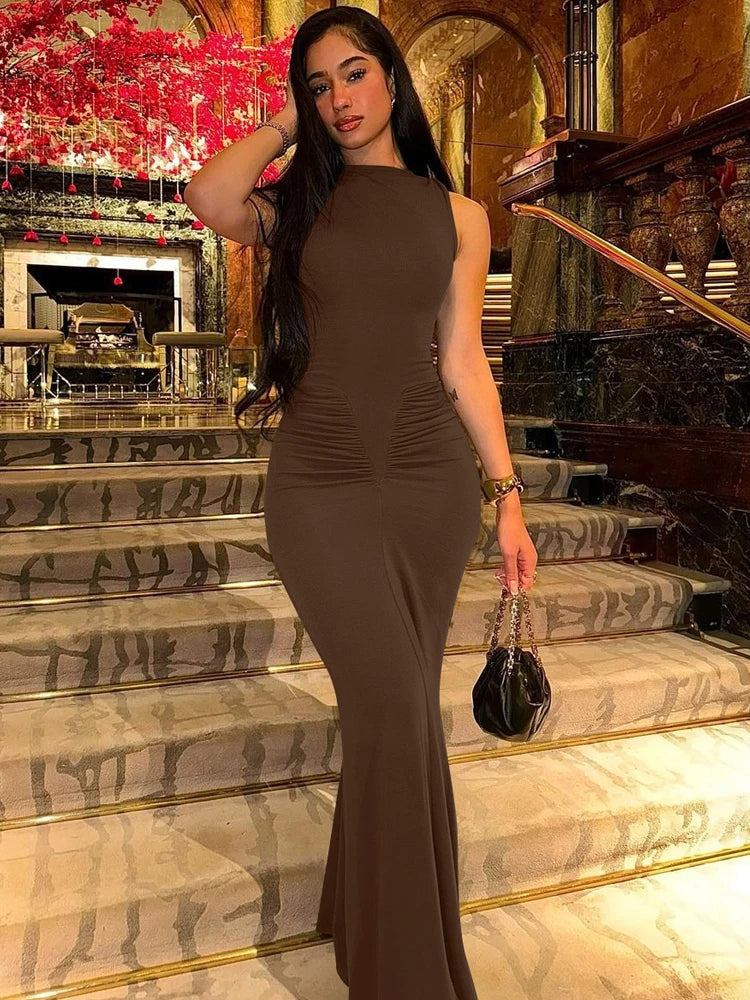 Dulzura Elegant Long Dress Ruched Bodycon Sleeveless Solid Dresses Lady Cocktail Party Wedding Guest Formal Women Clothes 2024