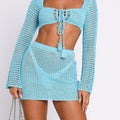 Women 2 Pieces Beachwear Outfits Square Neck Long Sleeve Tie-Up Front Knitted Cover-Ups and Sarongs Mini Skirts Set