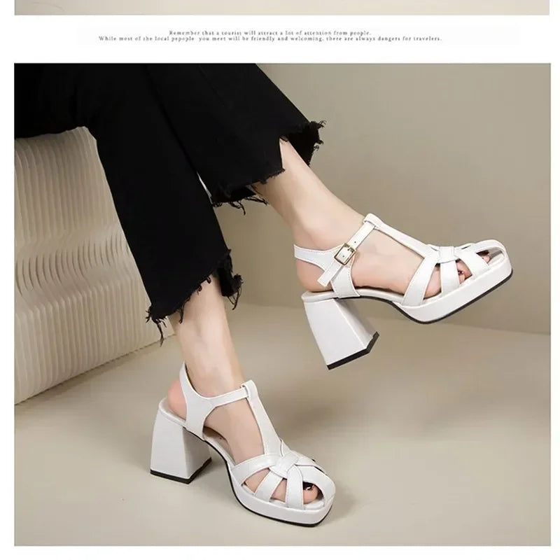 New Chunky High Heeled Sandals Women Retro Weaving Hollow Roman High Heels PU Leather Summer Square Toe Wedge Platform Sandals