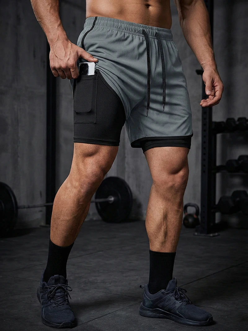 Men's 2 in 1 Running Workout Short with Phone Pocket Towel Loop Gym Athletic Quick Dry Stretchy Performance Shorts Activewear