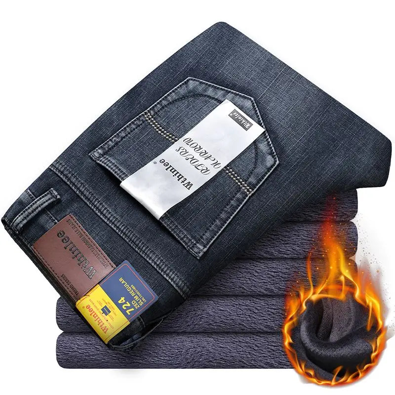 Wthinlee New Business Men's Jeans fleece Casual Straight Stretch Fashion Classic Blue Black Work Denim Trousers Male  Clothing